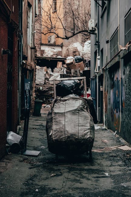 A narrow urban alleyway cluttered with discarded rubbish and waste materials, featuring a large, wheeled black garbage bag in the foreground, surrounded by smaller bags, debris, and scattered items. The ground is stained and uneven, with patches of dirt and debris visible. The alley is enclosed by tall, weathered buildings on either side, one side with graffiti-covered walls and metal grilles over windows, and the other with peeling paint. In the background, stacks of cardboard boxes and accumulated rubbish reach up against a weathered brick wall, with leafless tree branches overhead. The scene suggests an area used for independent waste disposal or rubbish clearance within a city environment, aligning with private waste removal services. Overcast lighting contributes to a dull, grim atmosphere, emphasizing the disorder and unmanaged waste typical of a space awaiting collection.